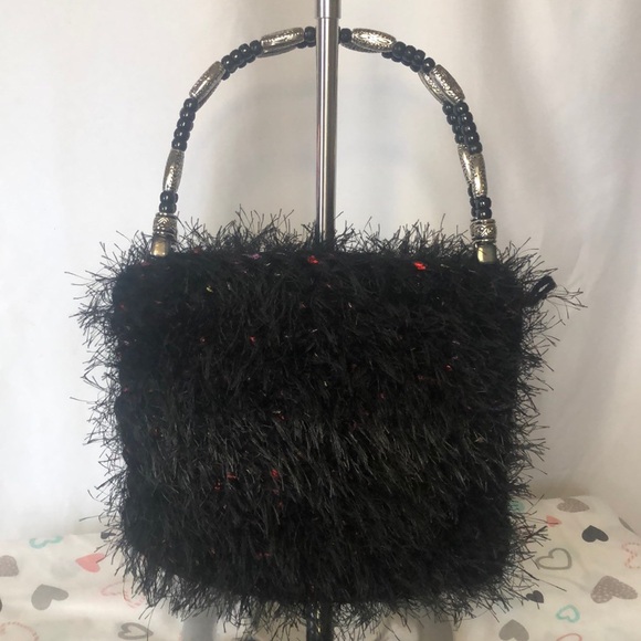 Unbranded black super soft silky hair vintage handbag with beaded handles. - Picture 1 of 6